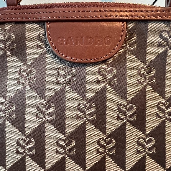 NWT Sandro Marron Brown Small Canvas Leather Logo Chain Strap Crossbody Bag - Picture 6 of 16